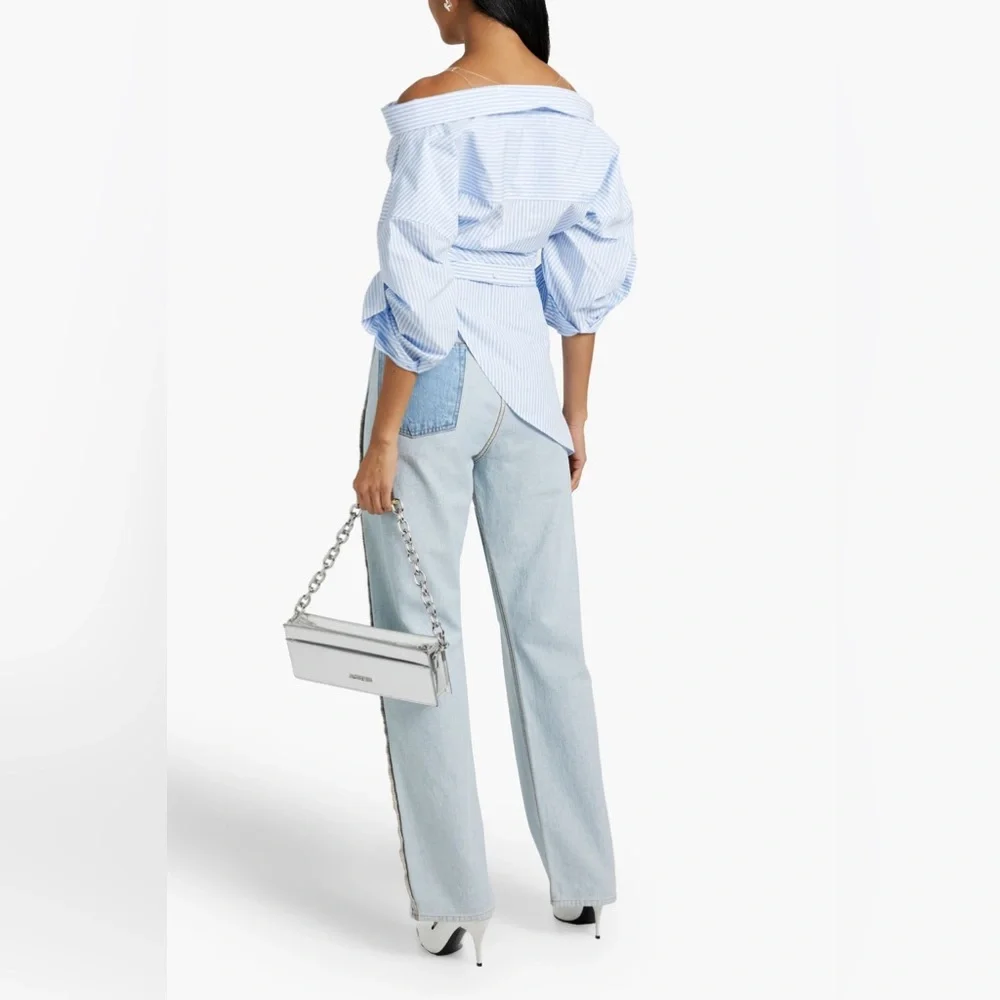SOLD! Alexander Wang Off Shoulder Asymmetric Striped Mesh Accent Poplin Top 2 - Picture 5 of 17